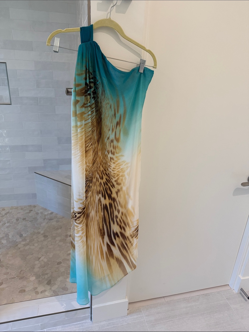 Fabulous Glam One-Shoulder Aqua and Tan Animal Print Dress